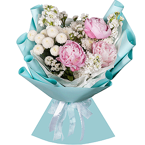 Peony pink - 3, White Matthiola - 3, Baltica White Spray Chrysanthemum - 5, Newton White Spray Chrysanthemum - 3, White statice, Wrapping Paper
