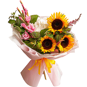 Sunflower - 5,  White Hydrangea - 1, Pink Gladiolus - 2, Astilbe,  Raspberry branch, Wrapping Paper