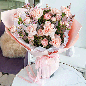 Carnation white, cream - 11, Bright pink spray rose mix, 50 cm - 4, Waxflower (1 pc.), Hypericum, Wrapping Paper