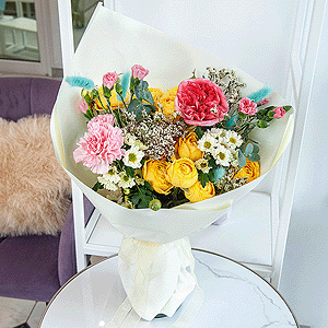 Pink spray carnation - 3, Pink carnation - 3, Rose Pink 50 cm Ecuador (Chelo, Hermosa, Novia, Titanik, Engagement, Pink Mondiale) - 1, Spray rose: yellow, orange 50 cm - 3, Santini White Spray Chrysanthemum - 2, Ozotamnus, Limonium (1 pc.), Dried flowers in assortment, Wrapping Paper