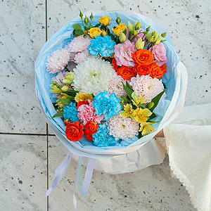 Baltica Pink Spray Chrysanthemum - 2, Magnum White Chrysanthemum - 1, Pink carnation - 3, Carnation white, cream - 7, Pink Lisianthus (Eustoma) - 2, Alstromeria Yellow, Orange - 7, Spray rose: yellow, orange 50 cm - 3, Wrapping Paper