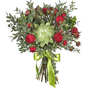 Spray peony rose  - 7, Echeveria small, Hypericum, Eucalyptus parvifolia (1 pc.), Ribbon