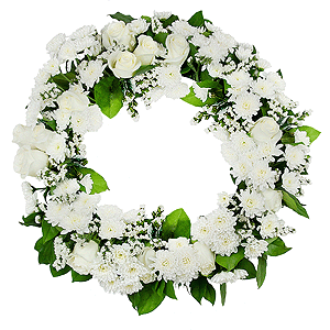 White rose 50 cm - 18, Baltica White Spray Chrysanthemum - 12, Funeral wreath frame, White statice, Salal