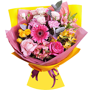 Gerbera pink - 2, Alstromeria white, soft pink - 2, Pink carnation - 3, Spray rose: yellow, orange 50 cm - 2, Pink rose 50 cm - 3, Alstromeria Yellow, Orange - 1, Spray rose: white, cream, light pink 50 cm - 1, Ruscus, Wrapping Paper
