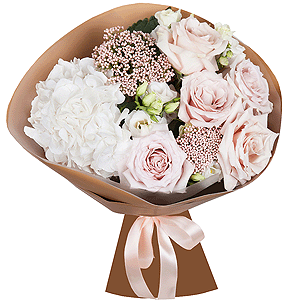  White Hydrangea - 1, lisianthus - 3, Rose Powder 50 cm Ecuador (Quicksand, Menta) - 7, Ozotamnus, Wrapping Paper