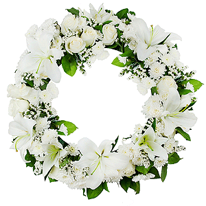 White rose 50 cm - 20, Baltica White Spray Chrysanthemum - 15, Lilies - 5, Funeral wreath frame, White statice, Salal