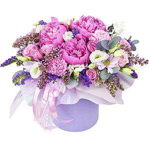 Peony pink - 5, Pink carnation - 5, Peony sprayrose - 4, lisianthus - 3, Lilac Bush - 3, Bacardi Pink Spray Chrysanthemum - 2, Round flower box small , Oasis, Wrapping Paper, Eucalyptus Cinerea, Blue Statice