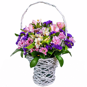 Bacardi Pink Spray Chrysanthemum - 4, Alstromeria white, soft pink - 5, Small Basket, Oasis, Blue Statice, Ruscus
