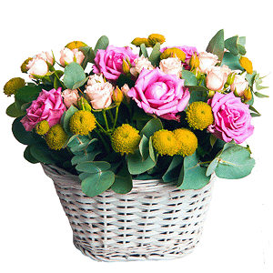 Spray rose: white, cream, light pink 50 cm - 5, Athos pom Feeling Green - 4, Pink rose 50 cm - 7, Small Basket, Oasis, Eucalyptus populus (1 pc.)