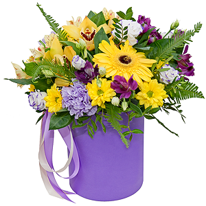 Gerbera yellow - 3, Lilac carnation - 3, Orchid bud yellow/brown Cymbidium - 3, Alstromeria Yellow, Orange - 1, Purple Lisianthus (Eustoma) - 6, Bacardi Yellow Spray Chrysanthemum - 4, Alstromeria lilac, purple - 2, Round flower box small , Film, Oasis, Pistachio, Ruscus, Ambrella, Ribbon, Flask for orchids