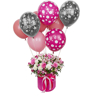 Pink rose 50 cm - 15, Alstromeria white, soft pink - 6, Spray rose: white, cream, light pink 50 cm - 12, Pink Lisianthus (Eustoma) - 7, Round flower box medium, Oasis, Film, Pistachio, Helium Balloon (1 pc.), Ribbon