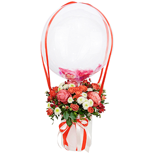 Spray rose: yellow, orange 50 cm - 8, Baltica White Spray Chrysanthemum - 5, Peony rose Kahala 50 cm - 5, Round flower box small , Oasis, Film, Pistachio, Ruscus, Hypericum, Ribbon, Transparent balloon Bubble with filling