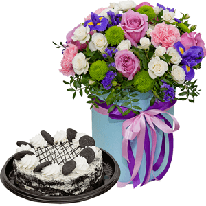 Deep Purple rose - 7, Spray rose: white, cream, light pink 50 cm - 11, Pink carnation - 5, Irises - 5, Athos pom Feeling Green - 4, Round flower box medium, Oasis, Film, Pistachio, Blue Statice, Cake in assortment, Ribbon