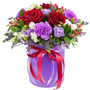 Red rose 50 cm - 5, Lilac carnation - 5, lisianthus - 2, Purple Lisianthus (Eustoma) - 3, Round flower box small , Oasis, Film, Pistachio, Ruscus, Hypericum, Limonium (1 pc.), Ribbon