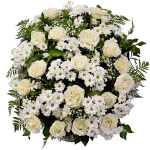 White rose 50 cm - 27, Santini White Spray Chrysanthemum - 23, Gypsophila - 3, Funeral wreath frame, Ruscus, Salal, Fern (1 pc.)