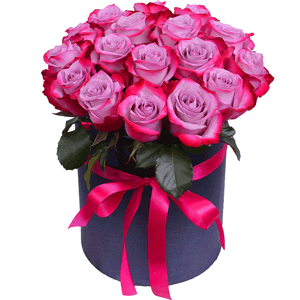 Deep Purple rose - 29, Round flower box small , Oasis, Film, Ribbon