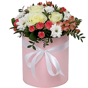 White rose 50 cm - 9, Alstromeria white, soft pink - 4, Bright pink spray rose mix, 50 cm - 7, Bacardi White Spray Chrysanthemum - 4, Ruscus, Pistachio, Round flower box medium, Ribbon, Oasis