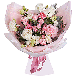 Pink rose 50 cm - 2, White rose 50 cm - 3, Bright pink spray rose mix, 50 cm - 3, Carnation white, cream - 4, lisianthus - 4, Pink carnation - 3, Ozotamnus, Pistachio, Fern (1 pc.), Wrapping Paper