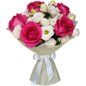 lisianthus - 5, Rose Fuchsia 50 cm Ecuador (Pink Floyd, Topaz, Cherry Lady, Gotcha) - 7, Felt, Ribbon