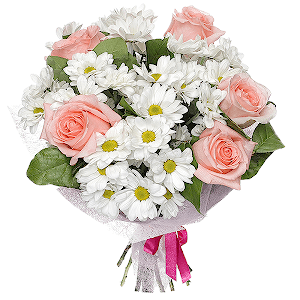 Bacardi White Spray Chrysanthemum - 7, Pink rose 50 cm - 9, Salal, Felt, Ribbon