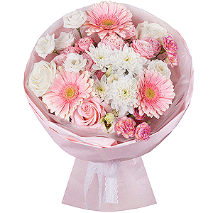 Gerbera pink - 5, Pink rose 50 cm - 3, White rose 50 cm - 3, Baltica White Spray Chrysanthemum - 1, Peony sprayrose - 2, Pink spray carnation - 2, lisianthus - 2, Wrapping Paper