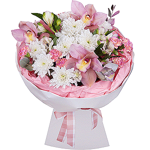 Pink Cymbidium Orchid Bud - 3, Pink spray carnation - 3, Alstromeria white, soft pink - 4, Baltica White Spray Chrysanthemum - 3, Flask for orchids, Eucalyptus Cinerea, Wrapping Paper