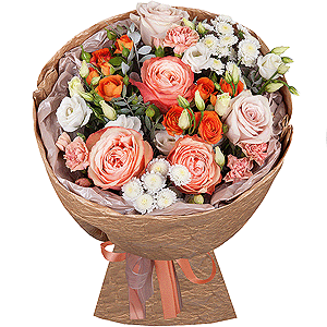 Peony rose Kahala 50 cm - 5, Rose Powder 50 cm Ecuador (Quicksand, Menta) - 4, Athos poms Stallion - 3, Spray rose: yellow, orange 50 cm - 3, lisianthus - 2, Pink spray carnation - 3, Pistachio, Paper luxury, Ribbon
