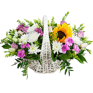 Sunflower - 1, Baltica White Spray Chrysanthemum - 4, Pink spray carnation - 4, Pink Lisianthus (Eustoma) - 2, Medium Basket, Oasis, Pistachio, Solidago (1 pc.)