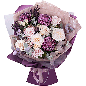 Peony style roses - 3, Rose Powder 50 cm Ecuador (Quicksand, Menta) - 9, Chrysanthemum Bigoudi purple - 4, Ozotamnus, Eucalyptus Cinerea, Dried flowers decor, Wrapping Paper