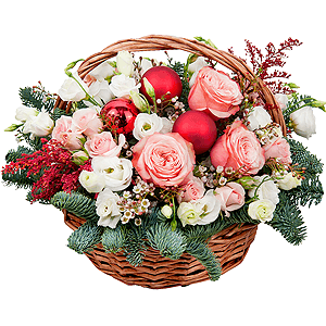Peony rose Kahala 50 cm - 4, Bright pink spray rose mix, 50 cm - 5, lisianthus - 5, Carnation white, cream - 4, Medium Basket, Oasis, Spruce branches (1pc.), Solidago (1 pc.), Waxflower (1 pc.), Christmas decor (set)
