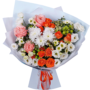 Baltica White Spray Chrysanthemum - 2, Santini White Spray Chrysanthemum - 4, Spray rose: yellow, orange 50 cm - 3, Peony rose Kahala 50 cm - 4, lisianthus - 2, Hypericum, Pistachio, Wrapping Paper
