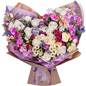 White rose 50 cm - 11, Pink spray carnation - 10, lisianthus - 3, Athos poms Stallion - 2, Santini White Spray Chrysanthemum - 3, Spray rose: white, cream, light pink 50 cm - 9, Pink Matthiola - 3, Pistachio, Fern (1 pc.), Wrapping Paper