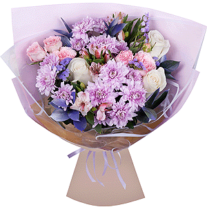 Baltica Pink Spray Chrysanthemum - 3, White rose 50 cm - 6, Peony sprayrose - 3, Alstromeria white, soft pink - 4, Blue Statice, Ruscus, Wrapping Paper, Ribbon