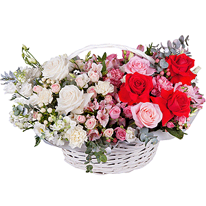 Pink rose 50 cm - 6, White rose 50 cm Ecuador - 5, Carnation white, cream - 4, Bright pink spray rose mix, 50 cm - 8, Alstromeria white, soft pink - 8, White Matthiola - 3, lisianthus - 8, Red rose Nina 50 cm - 5, Pink carnation - 4, Large Basket, Oasis, Eucalyptus Cinerea, Fern (1 pc.), Hypericum