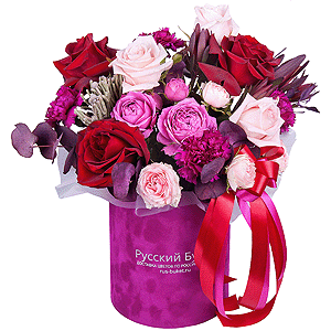 Rose Red 50 cm Ecuador - 3, Pink rose 50 cm - 4, Spray peony rose Misty Bubbles, 50 cm - 3, Pink carnation - 5, Round flower box small , Oasis, Brunia Green Lanuginosa (1 pc.), Eucalyptus Cinerea, Leukodendron, Ribbon, Wrapping Paper