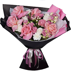 Rose Pink 50 cm Ecuador (Chelo, Hermosa, Novia, Titanik, Engagement, Pink Mondiale) - 5, White rose 50 cm - 7, Pink carnation - 5, Pink Lisianthus (Eustoma) - 3, Carnation white, cream - 5, Hypericum, Pistachio, Wrapping Paper