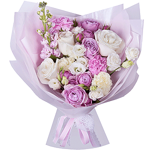 Carnation white, cream - 3, Spray peony rose Misty Bubbles, 50 cm - 3, White rose 50 cm - 4, lisianthus - 3, Matthiola Lilac - 2, Pink carnation - 3, Wrapping Paper