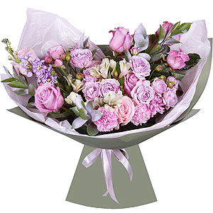 Pink rose 50 cm - 10, Spray peony rose Lavander, 50 cm - 4, Alstromeria white, soft pink - 3, Matthiola Lilac - 1, Pink carnation - 5, Ruscus, Wrapping Paper