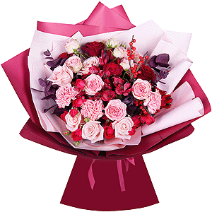 Spray rose: red 50 cm - 4, Peony sprayrose - 3, Pink carnation - 5, Alstromeria Red, Bright Pink - 3, Red rose 50 cm - 5, Pink rose 50 cm - 6, Ilex, Eucalyptus Cinerea, Wrapping Paper, Ribbon