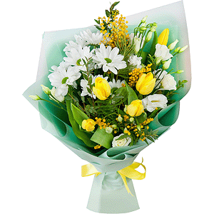 Bacardi White Spray Chrysanthemum - 2, lisianthus - 3, Yellow tulip - 9, Mimosa - 2, Eucalyptus parvifolia (1 pc.), Wrapping Paper