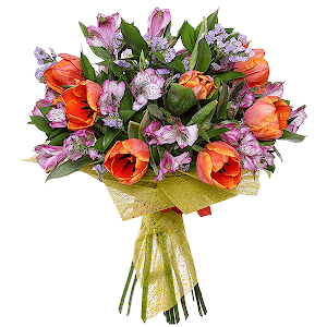 Orange tulip - 15, Alstromeria lilac, purple - 8, Blue Statice, Felt, Ribbon