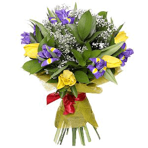 Irises - 8, Yellow tulip - 7, Gypsophila - 1, Ruscus, Felt, Ribbon