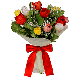 Yellow tulip - 5, Gypsophila - 1, Red tulip - 5, Pink tulip - 5, Tulip white - 3, Salal, Felt, Ribbon