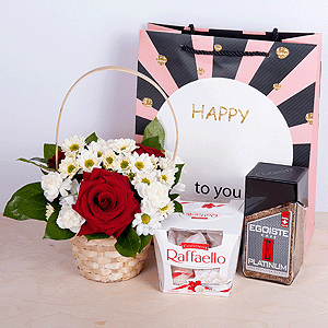 Red rose 50 cm - 5, Santini White Spray Chrysanthemum - 2, White spray carnation - 2, Small Basket, Oasis, Salal, Box of candies «Raffaello» 150 g, Present bag, Instant coffee