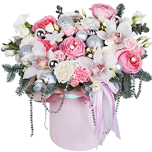 White Cymbidium Orchid Bud - 4, White rose 50 cm - 5, Peony rose pink 'OHara' - 4, Bright pink spray rose mix, 50 cm - 3, Pink carnation - 3, lisianthus - 3, Carnation white, cream - 4, Round flower box medium, Oasis, Spruce branches (1pc.), Eucalyptus Cinerea, Flask for orchids, Hypericum, Christmas decor (set), Wrapping Paper