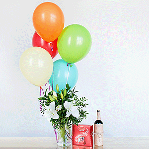 Lilies - 3, Pistachio, Ruscus, Ribbon, Lindt Candy Box, Helium Balloon (1 pc.), Non-alcoholic champagne or wine