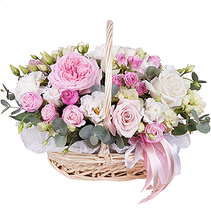 Peony rose pink 'OHara' - 1, White rose 50 cm - 3, Pink rose 50 cm - 3, Bright pink spray rose mix, 50 cm - 6, Carnation white, cream - 3, lisianthus - 3, Medium Basket, Oasis, Eucalyptus Cinerea, Ribbon