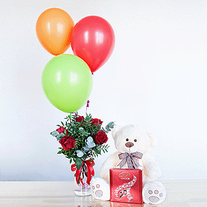 Red rose 50 cm - 9, Pistachio, Eucalyptus Cinerea, Ribbon, Lindt Candy Box, Taddy Bear 45 cm, Helium Balloon (1 pc.)