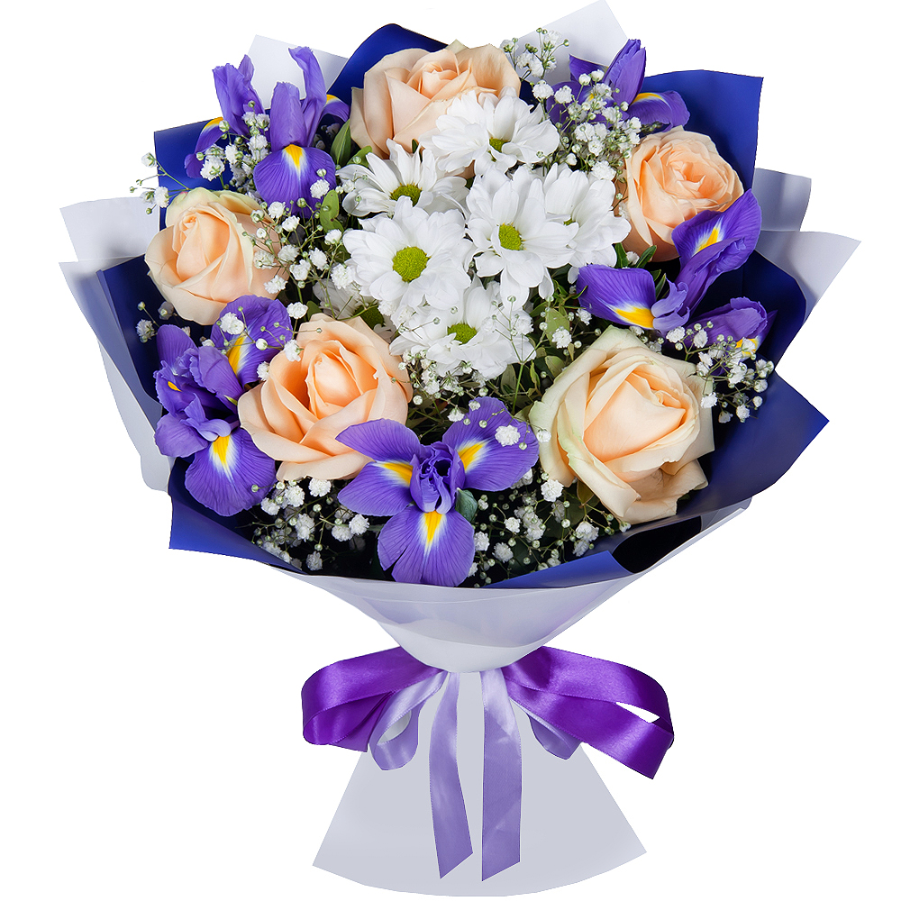Irises - 7, Rose Cream 50 cm - 5, Bacardi White Spray Chrysanthemum - 2, Gypsophila - 2, Pistachio, Wrapping Paper