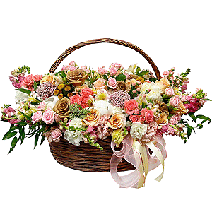 Peony white - 5, Bright pink spray rose mix, 50 cm - 19, Роза Тоффи - 15, Peony rose Kahala 50 cm - 17, Alstromeria white, soft pink - 14, Santini Yellow Spray Chrysanthemum - 6, Pink Matthiola - 13, lisianthus - 12, Large Basket, Oasis, Wrapping Paper, Ruscus italian, Ozotamnus, Hypericum